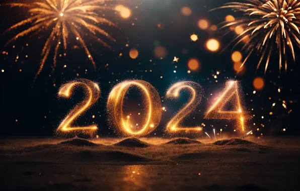 Picture salute, figures, New year, golden, numbers, New year, 2024, fieworks