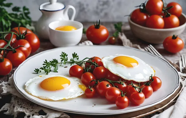 Eggs, Breakfast, scrambled eggs, tomatoes, tomatoes, eggs