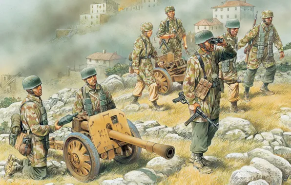 Picture figure, art, gun, against, infantry, WW2, German, tanks