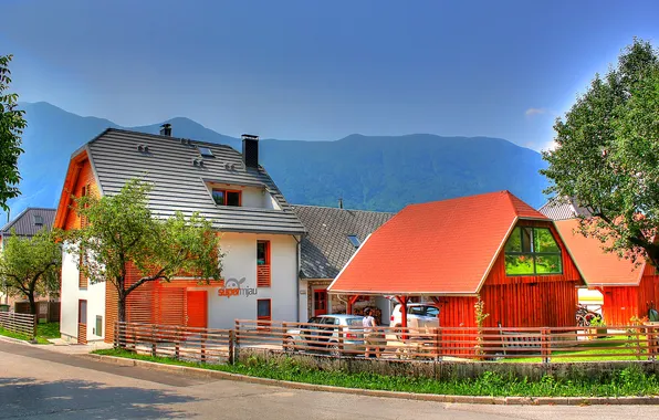 Roof, the sky, trees, mountains, house, people, street, color