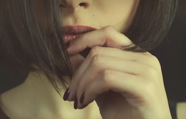 Hair, hands, lips, fingers, mole