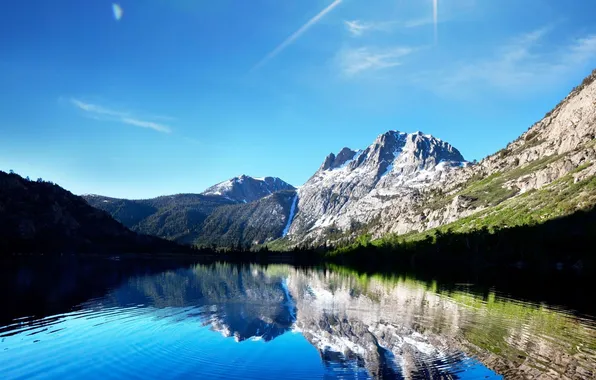 Picture the sky, the sun, mountains, nature, lake, reflection