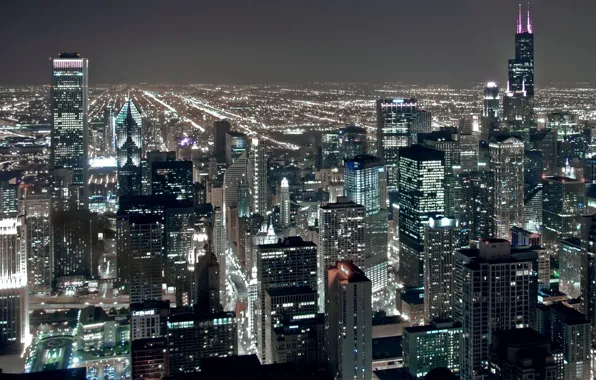Night, city, lights, height, skyscrapers, USA, America, Chicago