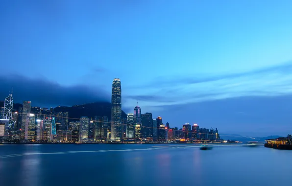 Water, the city, lights, Hong Kong, skyscrapers, China, twilight, Hong Kong