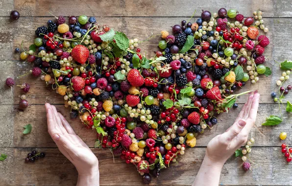 Leaves, berries, raspberry, heart, Board, hands, harvest, blueberries