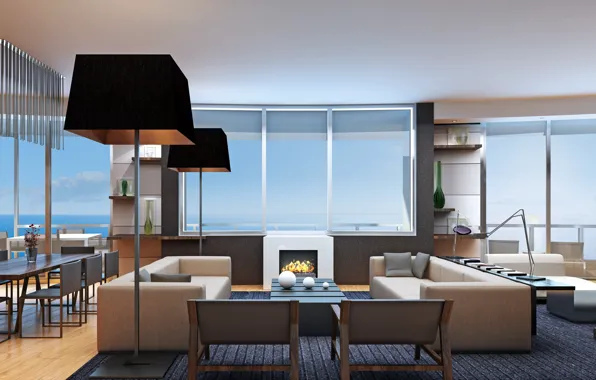 Design, style, interior, villa, fireplace, living space