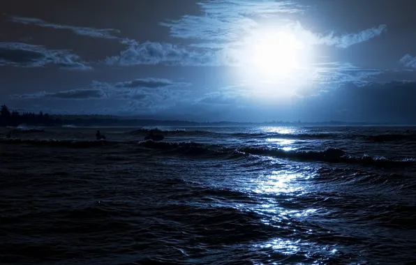Sea, wave, rays, night, glare, reflection, people, the moon