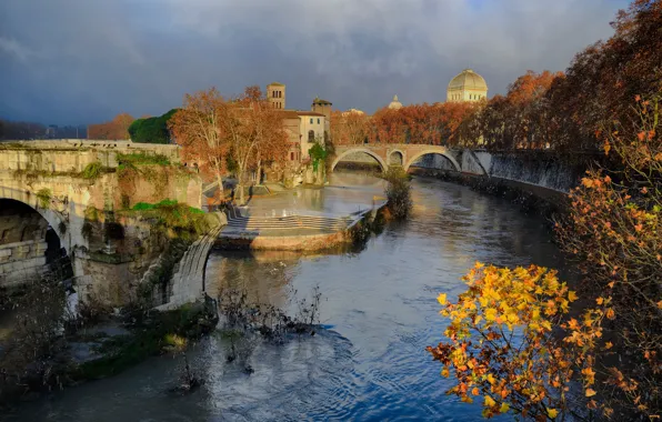 Picture autumn, landscape, river, Rome, Italy, The Tiber, Ponte Rotto, bridge Emilia