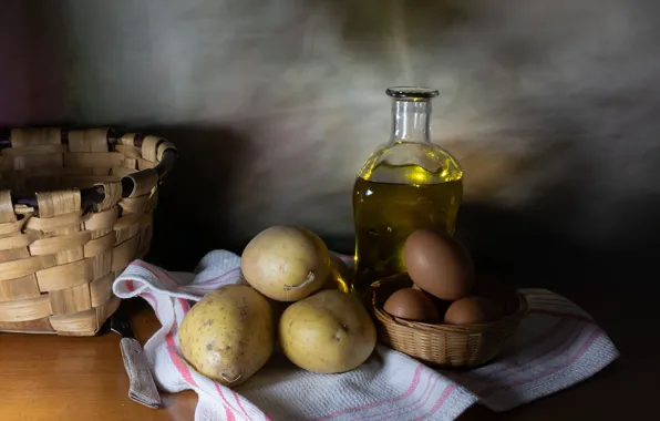 Table, eggs, still life, potatoes