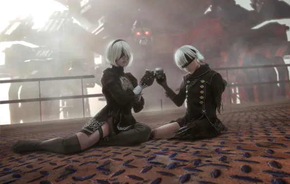 Girl, glasses, guy, cyborgs, cosplay, Nier Automata