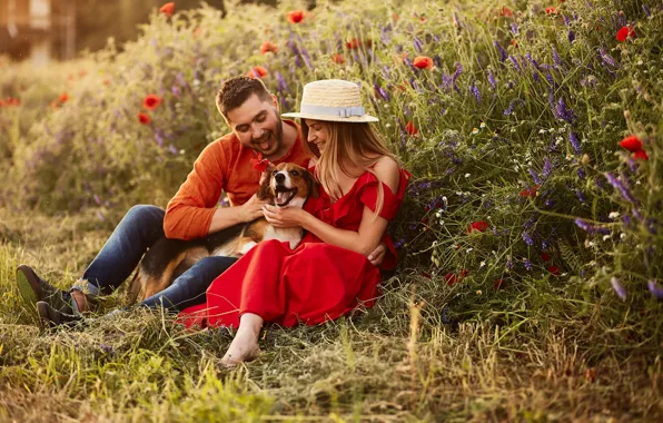 Girl, joy, flowers, mood, dog, hat, dress, guy