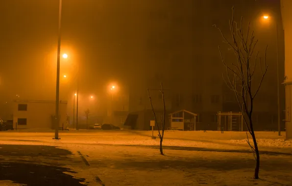 Snow, night, fog, building, home, spring, lights, Russia