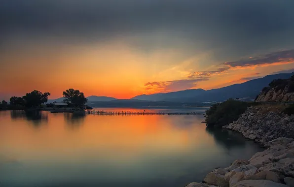 Sea, sunset, mountains, reflection, stones, horizon, Turkey