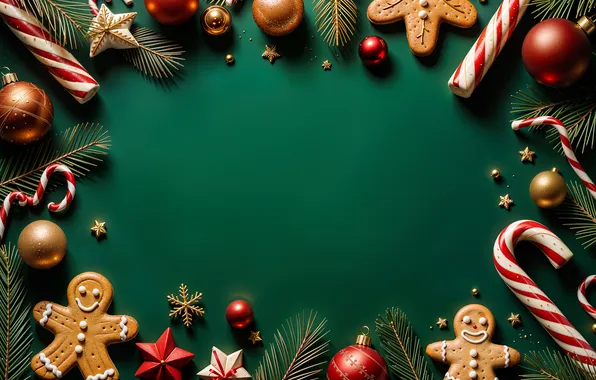Decoration, background, green, balls, Christmas, New year, golden, new year