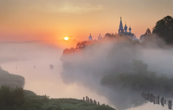 Picture summer, the sun, fog, river, morning, Russia