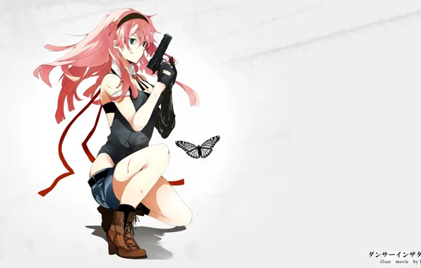 Wallpaper pink hair, art, grey background, shoes, hatsukoi, butterfly, vocaloid, gloves