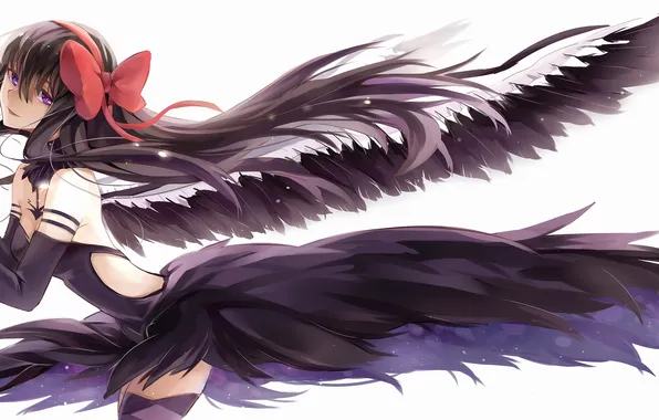 Picture girl, wings, anime, art, bow, mahou shoujo madoka magica, homura akemi, girl madoka