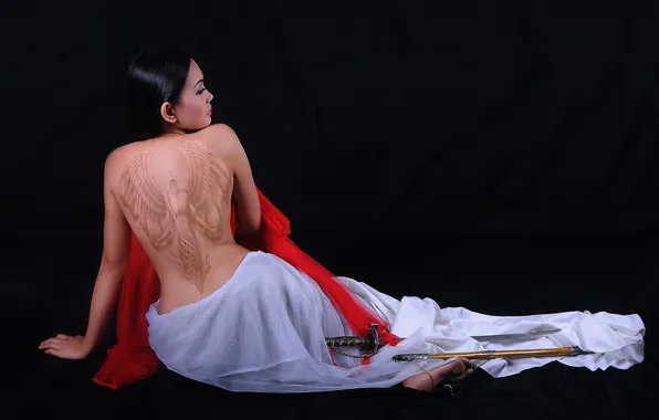 Girl, weapons, back, wings, angel, sword, tattoo, tattoo