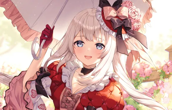 Umbrella, hat, bows, blue eyes, ruffles, pink roses, Fate / Grand Order, The destiny of …