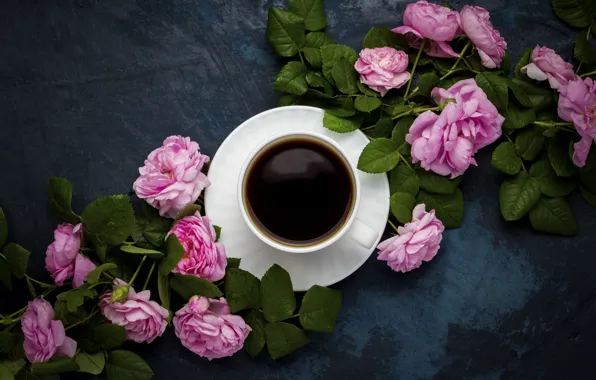 Coffee, roses, Cup, composition