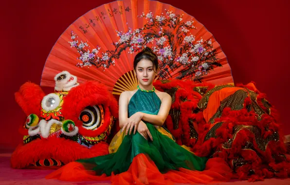 Picture girl, style, dragon, Asian, red background