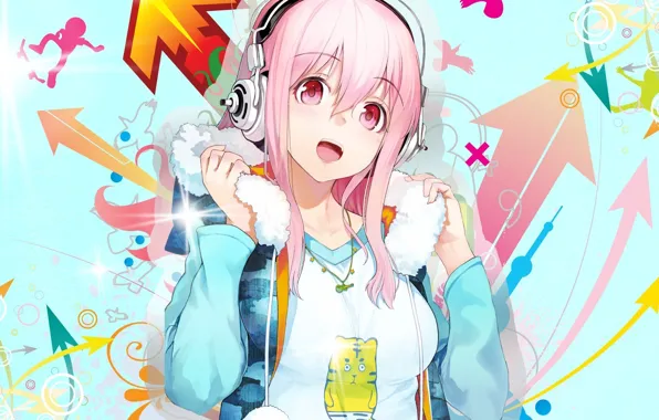 Picture girl, smile, bright, headphones, jacket, pink hair, pink eye