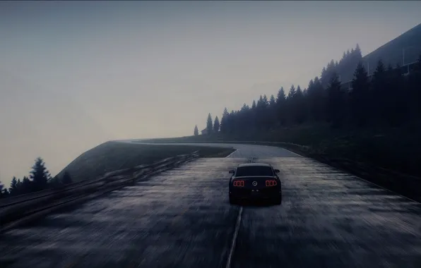 Road, machine, fog, speed, Ford Mustang