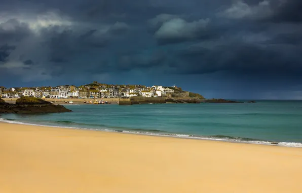 Sand, sea, beach, clouds, the city, rocks, shore, England