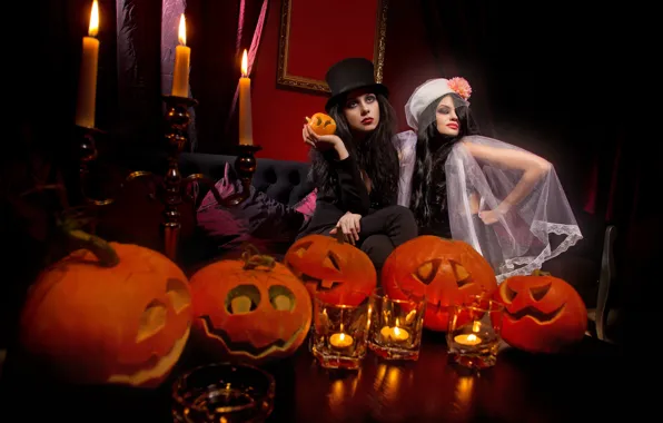 Lights, girls, room, sofa, holiday, two, candles, pumpkin
