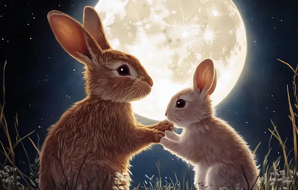 The moon, hare, rabbit, rabbits, rabbits, imitation painting, AI art, neural network