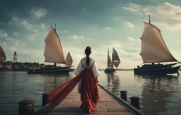 The sky, water, girl, clouds, shore, ships, port, pierce