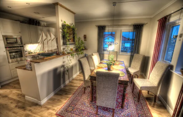 Picture design, photo, table, carpet, chairs, HDR, interior, kitchen