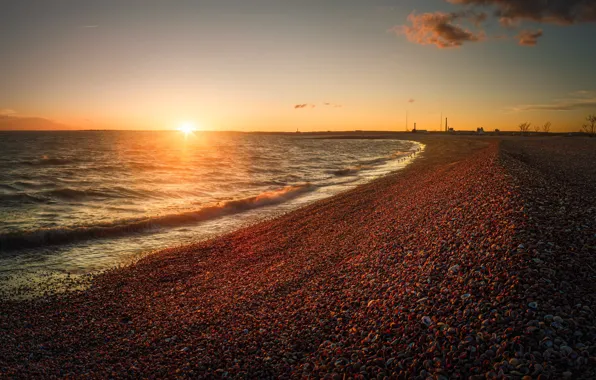 Sea, wave, beach, the sun, light, sunset, pebbles, dawn
