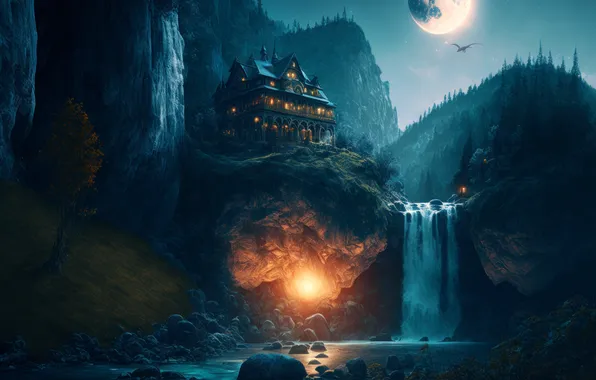 Fire, waterfall, twilight, the full moon, mountain river, wooded hills, castle in the mountains