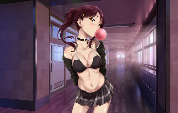 Bra, boobs, belly, yellow eyes, jacket, anime girl, Love Live, bubble gum