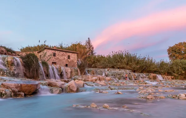 The sky, waterfall, Italy, building, Saturnia