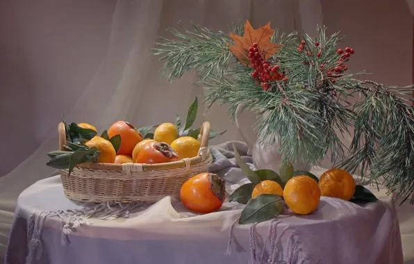 Leaves, branches, table, holiday, new year, Christmas, vase, fruit