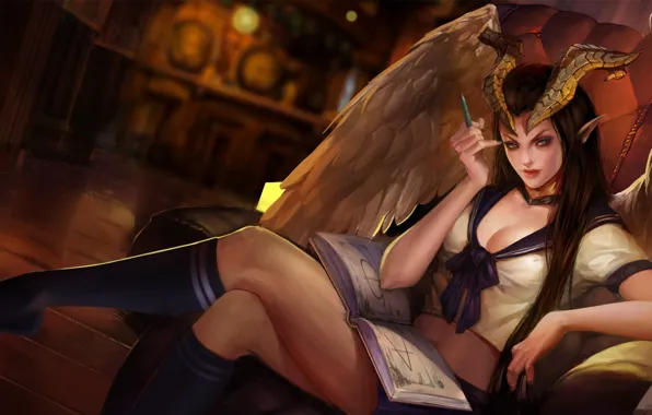 Picture girl, horns, vampire, hon, High School, Heroes of Newerth, Succubus, Sweetheart