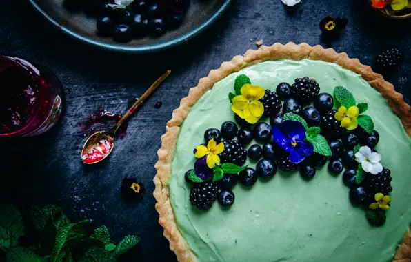 Flowers, green, berries, the dark background, table, yellow, blueberries, pie