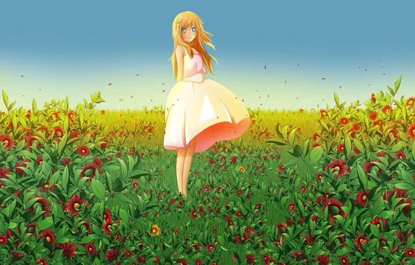 Summer, bouquet, girl, blue eyes, one, long hair, flower field, sundress