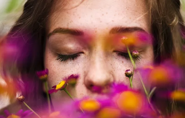 Picture girl, macro, flowers
