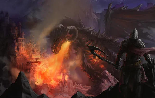 Look, night, fiction, fire, dragon, people, sword, armor