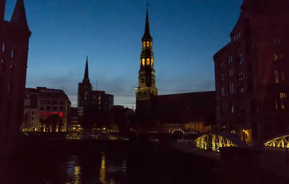 Bridge, home, the evening, Germany, Church, channel, Hamburg