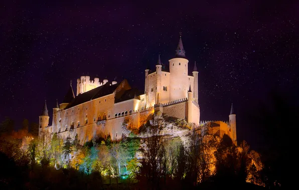Night, lights, fortress, Spain, Palace, Alcazar, Segovia