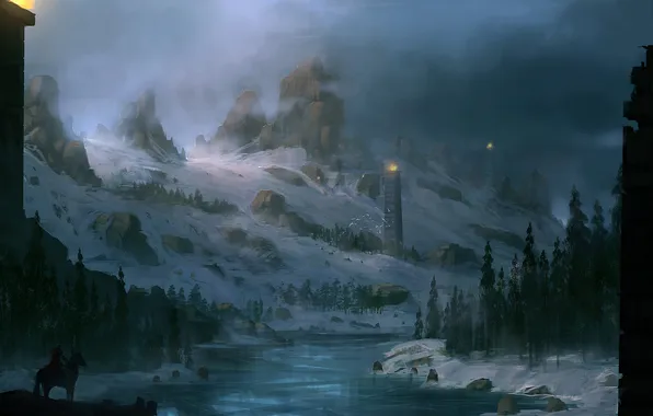 Winter, mountains, river, warrior, winter is coming