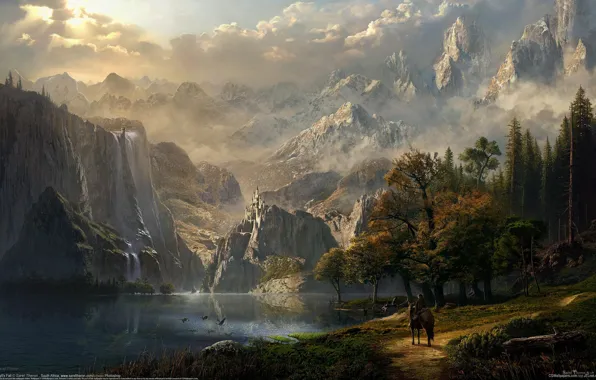 Picture forest, girl, mountains, lake, castle, horse, elf, waterfall