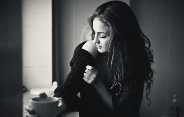 Girl, mood, mug, black and white, shoulder