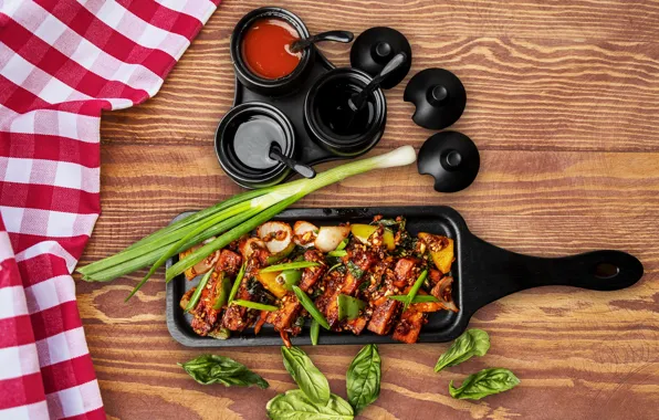 Board, food, towel, bow, dishes, vegetables, sauce, submission