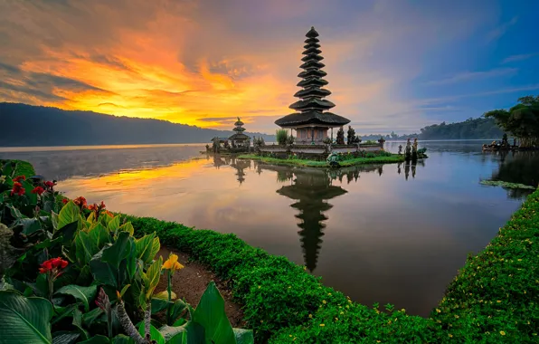 Water, sunset, nature, Indonesia, seascape, Oolong Danu Temple
