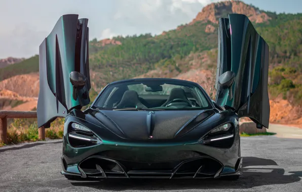 Mountains, highway, sports car, exterior, Fury, McLaren 720s, open doors